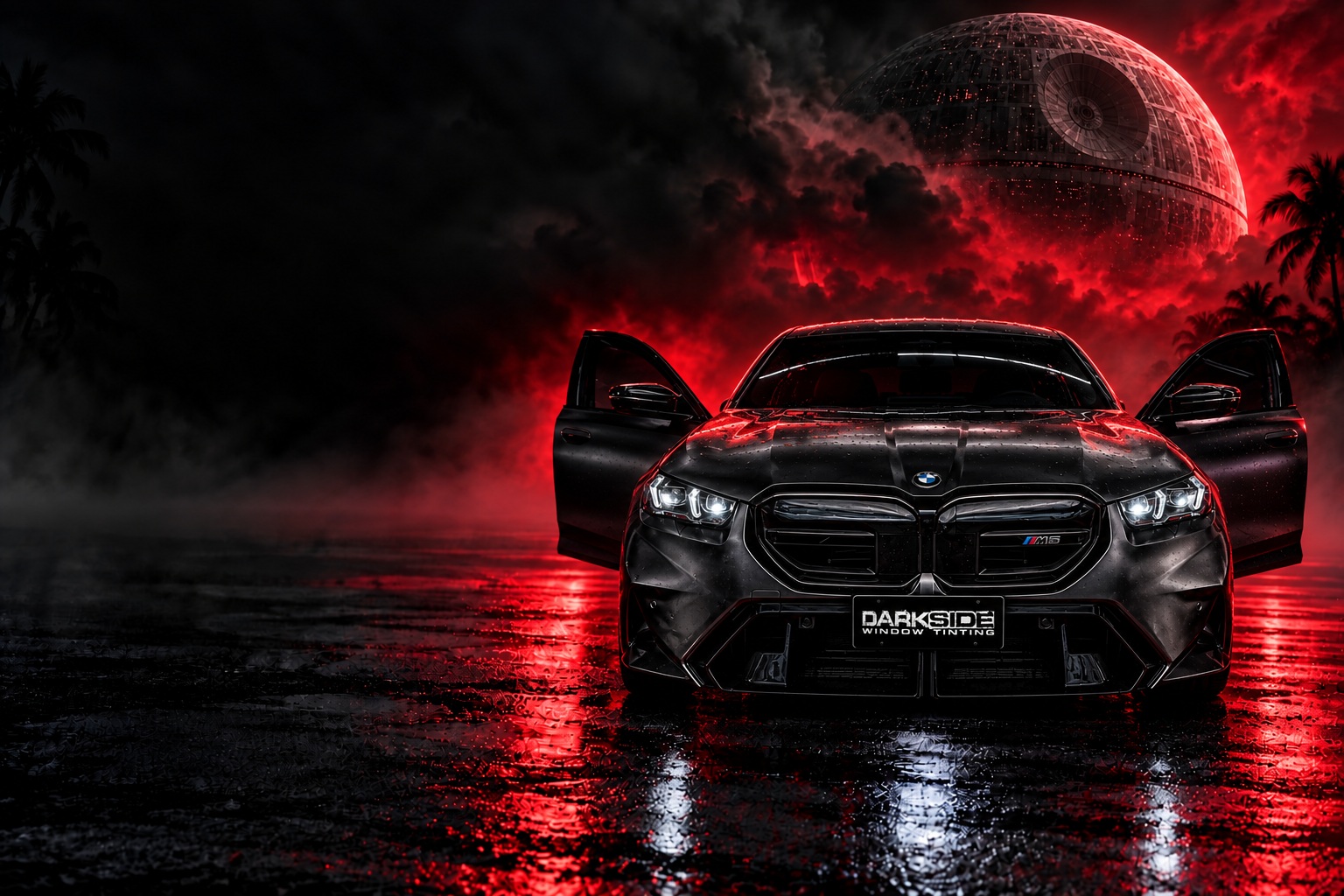 Front-facing charcoal BMW M5 with a Darkside Window Tinting logo plate beneath the Death Star